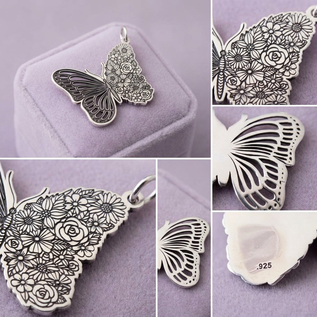 Silver butterfly pendant with floral engraving, shown in a multi-panel collage on a lavender background, including close-ups of the design and a .925 sterling silver mark.