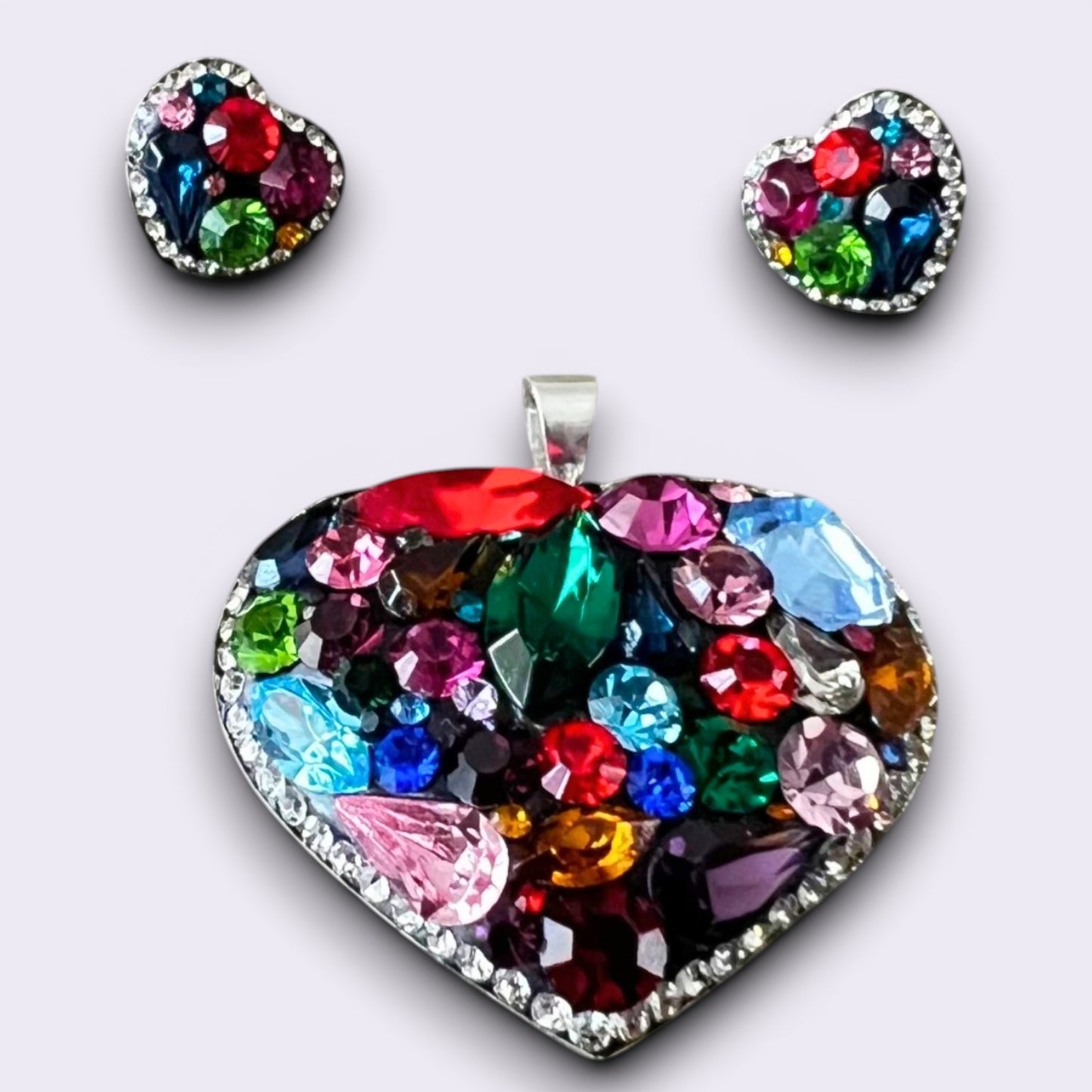 Handmade 925 Sterling Silver Heart Red Crystal Jewelry Set | Red Heart Pendant Necklace & Stud Earrings Gift for Women