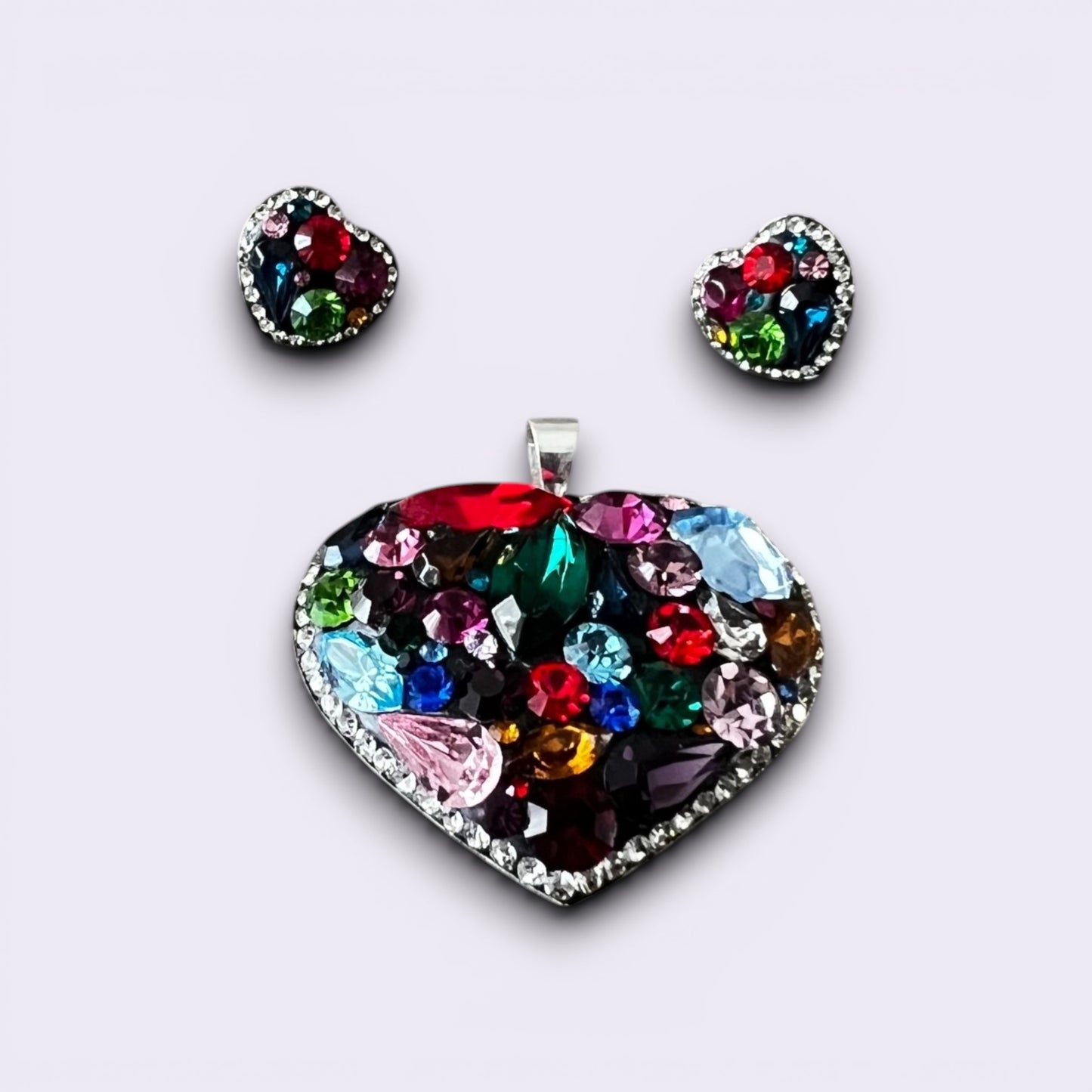 Handmade 925 Sterling Silver Heart Red Crystal Jewelry Set | Red Heart Pendant Necklace & Stud Earrings Gift for Women