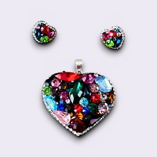 Handmade 925 Sterling Silver Heart Red Crystal Jewelry Set | Red Heart Pendant Necklace & Stud Earrings Gift for Women