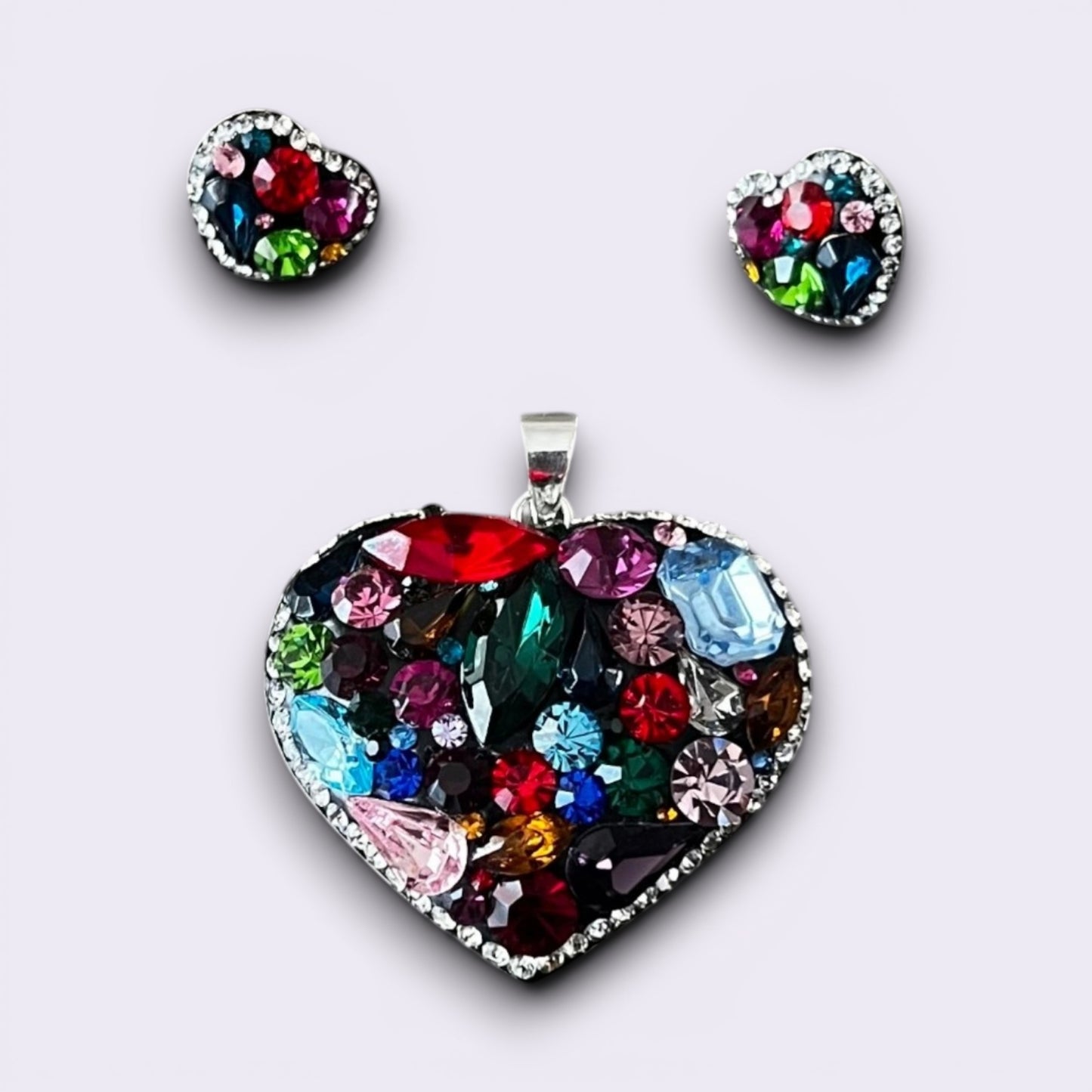 Handmade 925 Sterling Silver Heart Red Crystal Jewelry Set | Red Heart Pendant Necklace & Stud Earrings Gift for Women