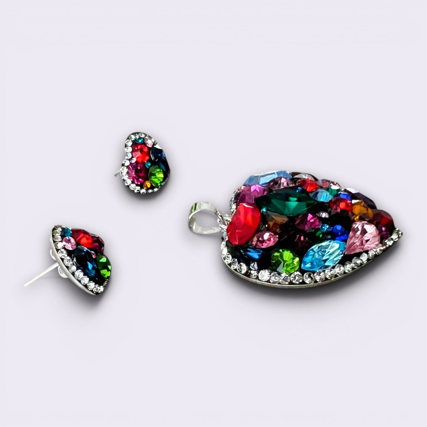 Handmade 925 Sterling Silver Heart Red Crystal Jewelry Set | Red Heart Pendant Necklace & Stud Earrings Gift for Women