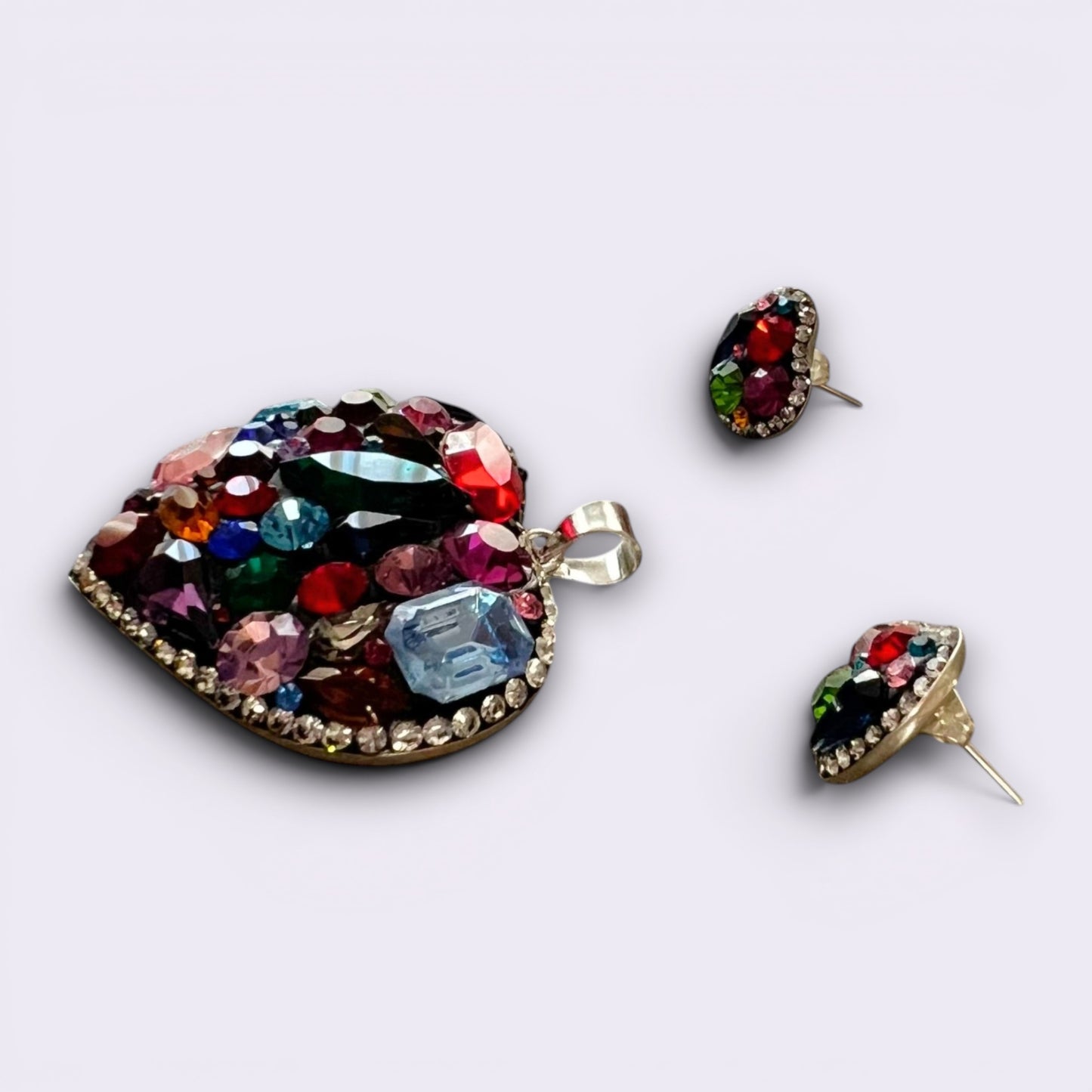Handmade 925 Sterling Silver Heart Red Crystal Jewelry Set | Red Heart Pendant Necklace & Stud Earrings Gift for Women