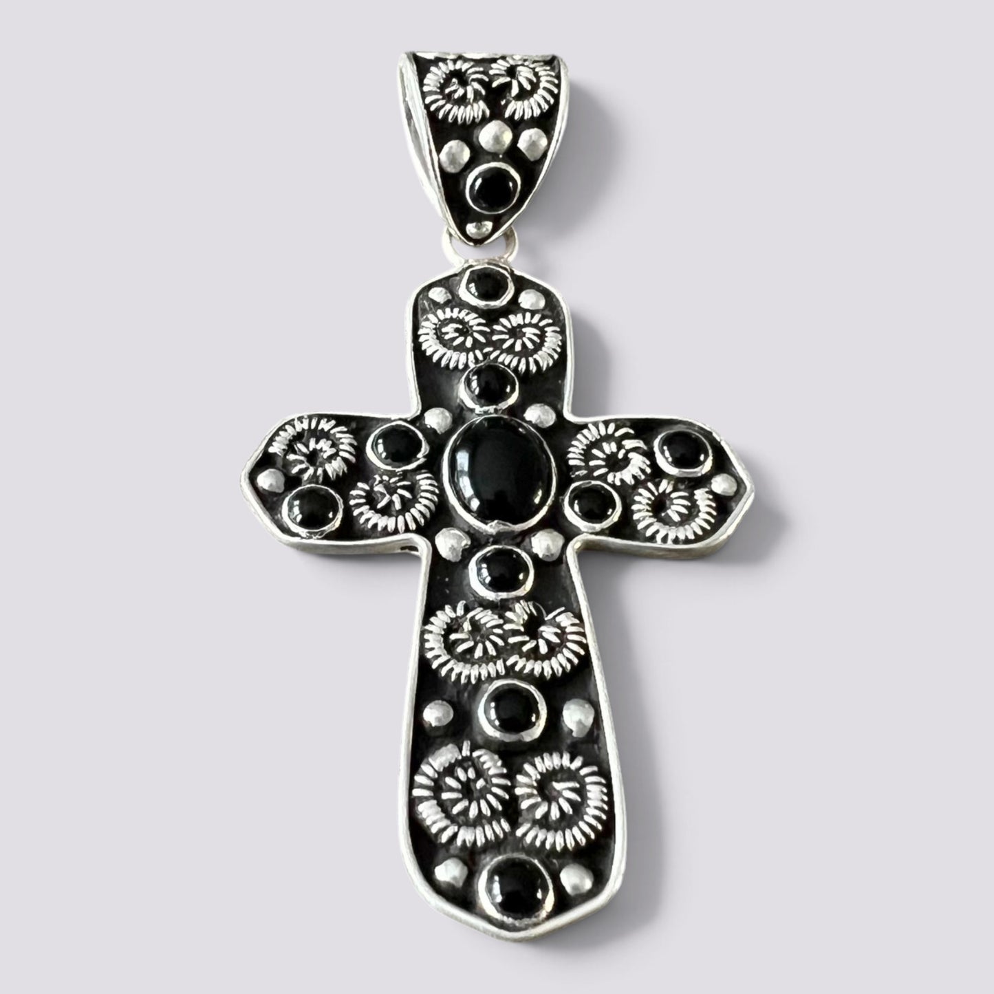 Large Baroque 925 Sterling Silver Onyx Cross Pendant