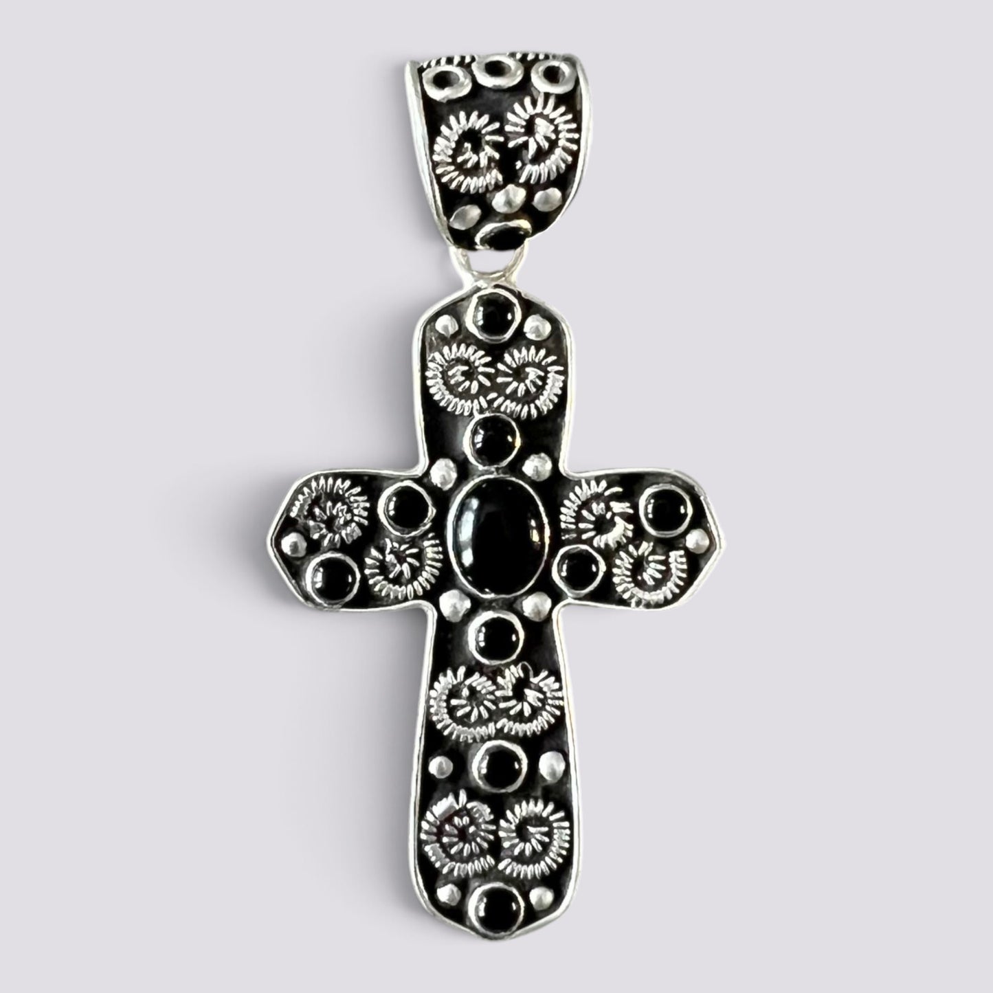 Large Baroque 925 Sterling Silver Onyx Cross Pendant