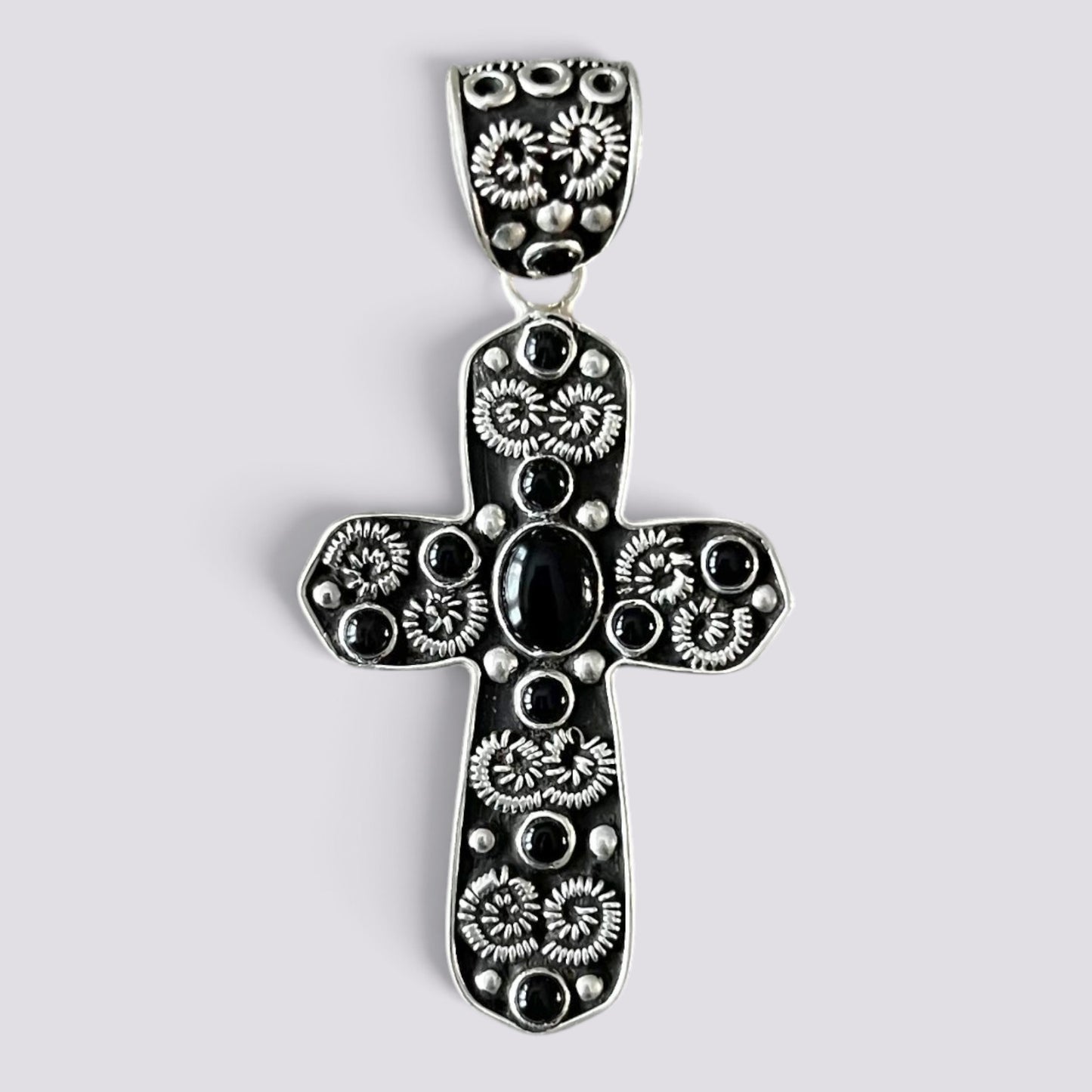 Large Baroque 925 Sterling Silver Onyx Cross Pendant
