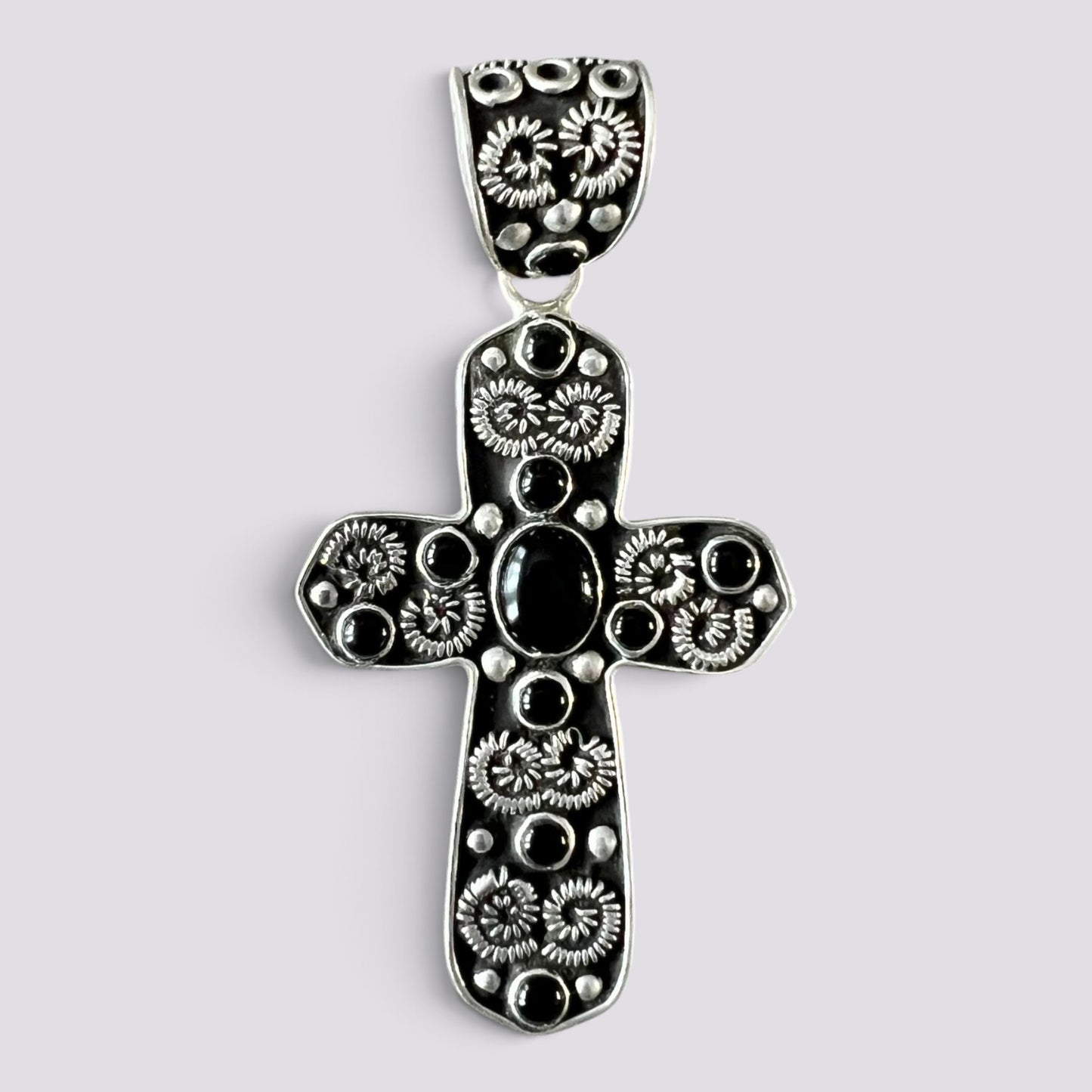 Large Baroque 925 Sterling Silver Onyx Cross Pendant