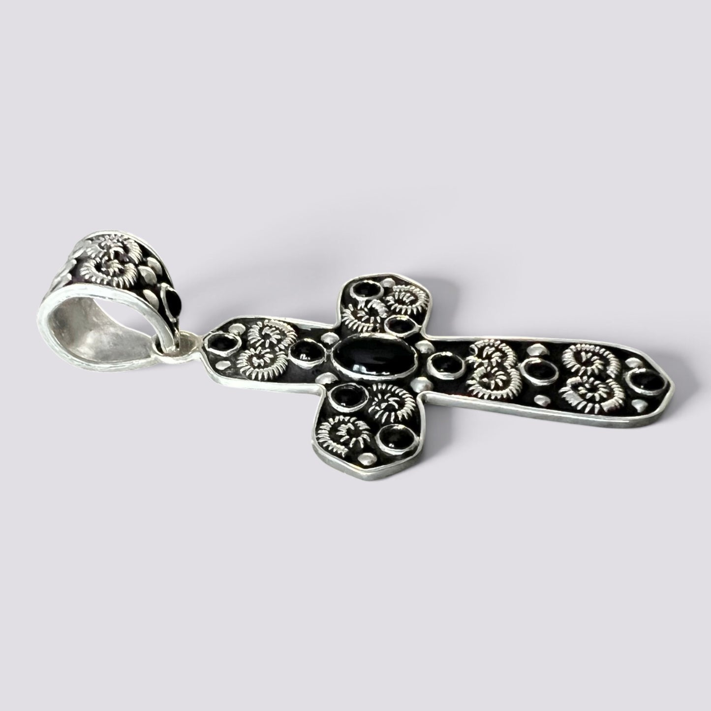 Large Baroque 925 Sterling Silver Onyx Cross Pendant