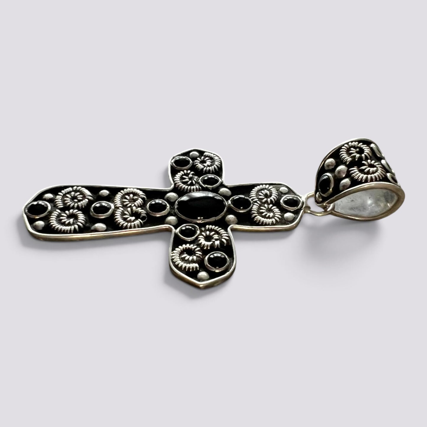 Large Baroque 925 Sterling Silver Onyx Cross Pendant