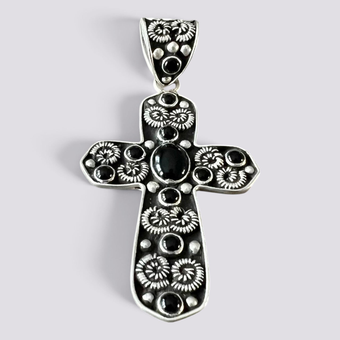 Large Baroque 925 Sterling Silver Onyx Cross Pendant
