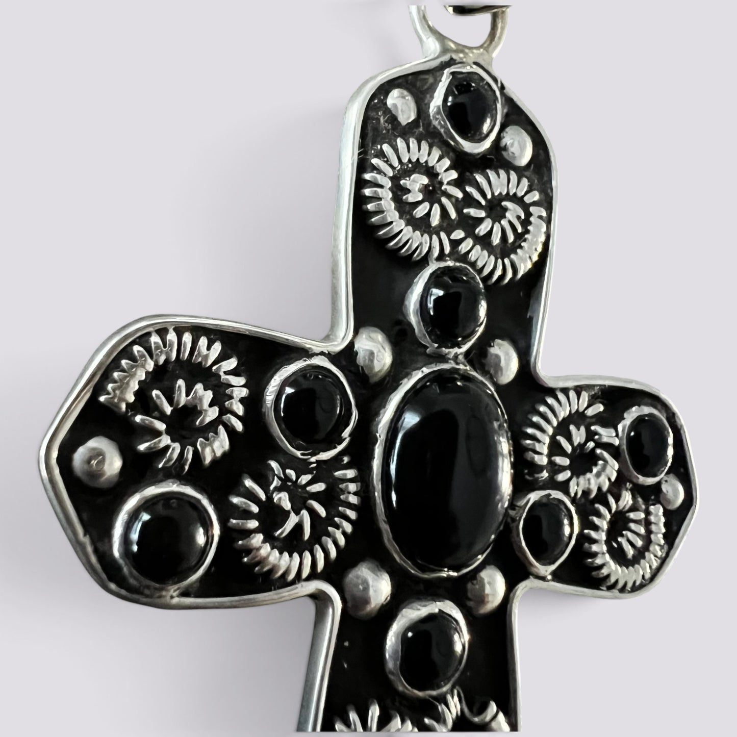 Large Baroque 925 Sterling Silver Onyx Cross Pendant