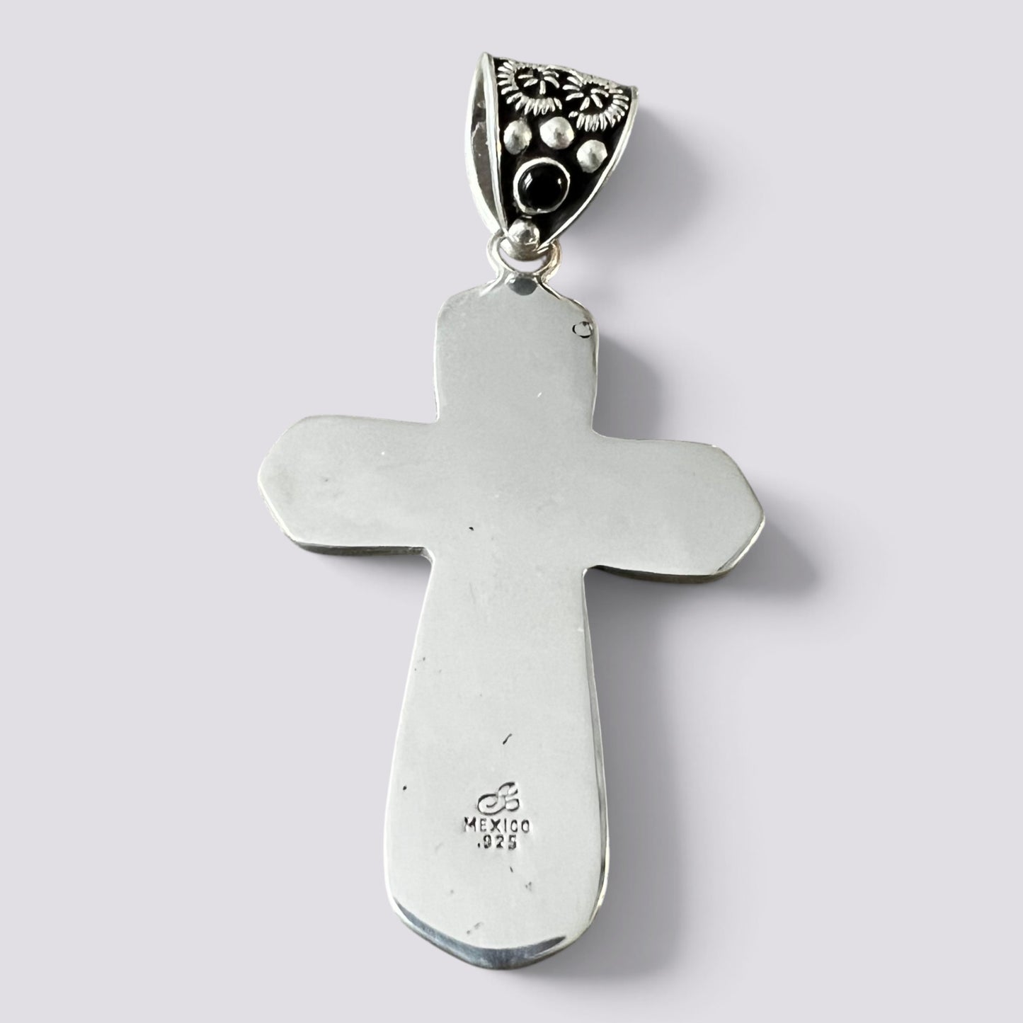 Large Baroque 925 Sterling Silver Onyx Cross Pendant