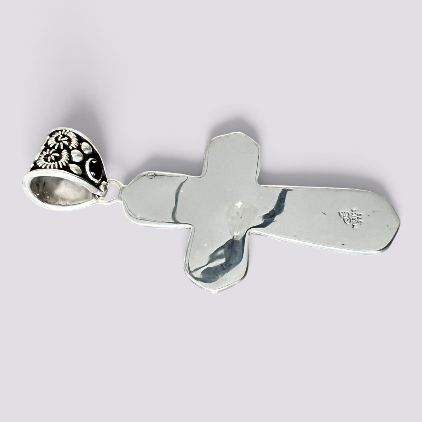 Large Baroque 925 Sterling Silver Onyx Cross Pendant