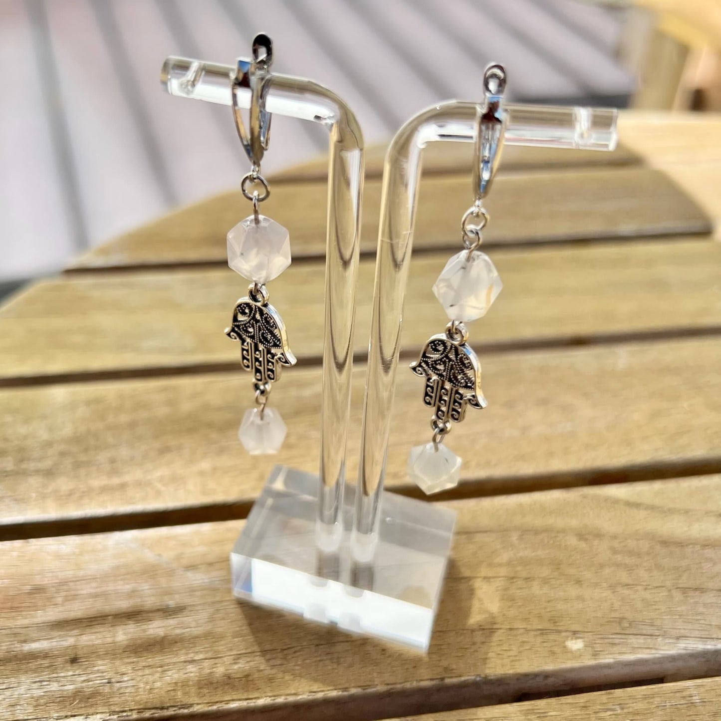 Handmade Dangle Earrings with Natural Agate Gemstone and Hamsa Hand Charm