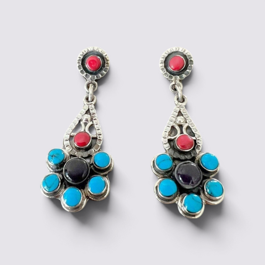The Fashion Jewels sterling silver dangle earrings featuring turquoise, red coral, and black stones in a floral design.