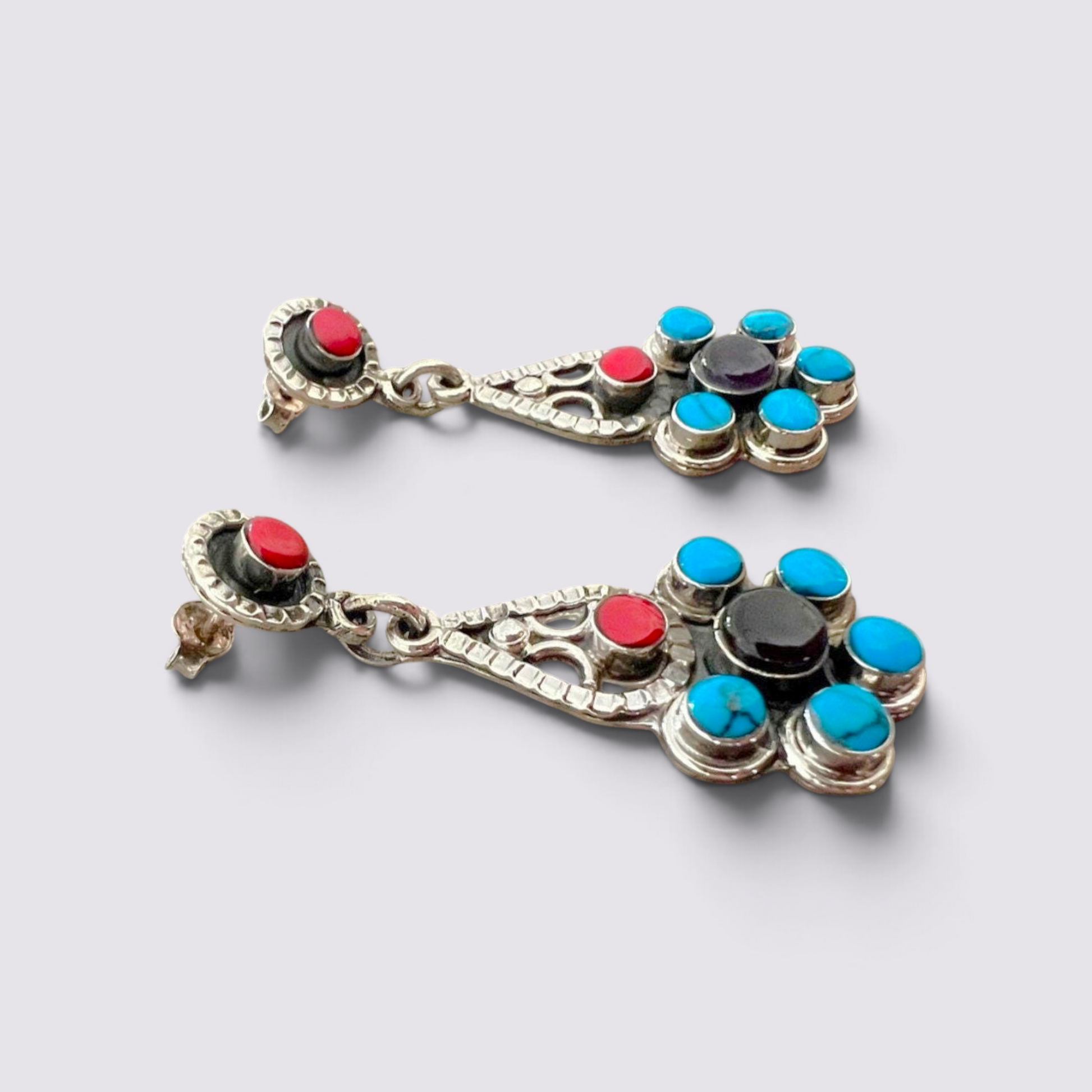 The Fashion Jewels sterling silver dangle earrings with turquoise, red coral, and black stone Byzantine-style inlay.