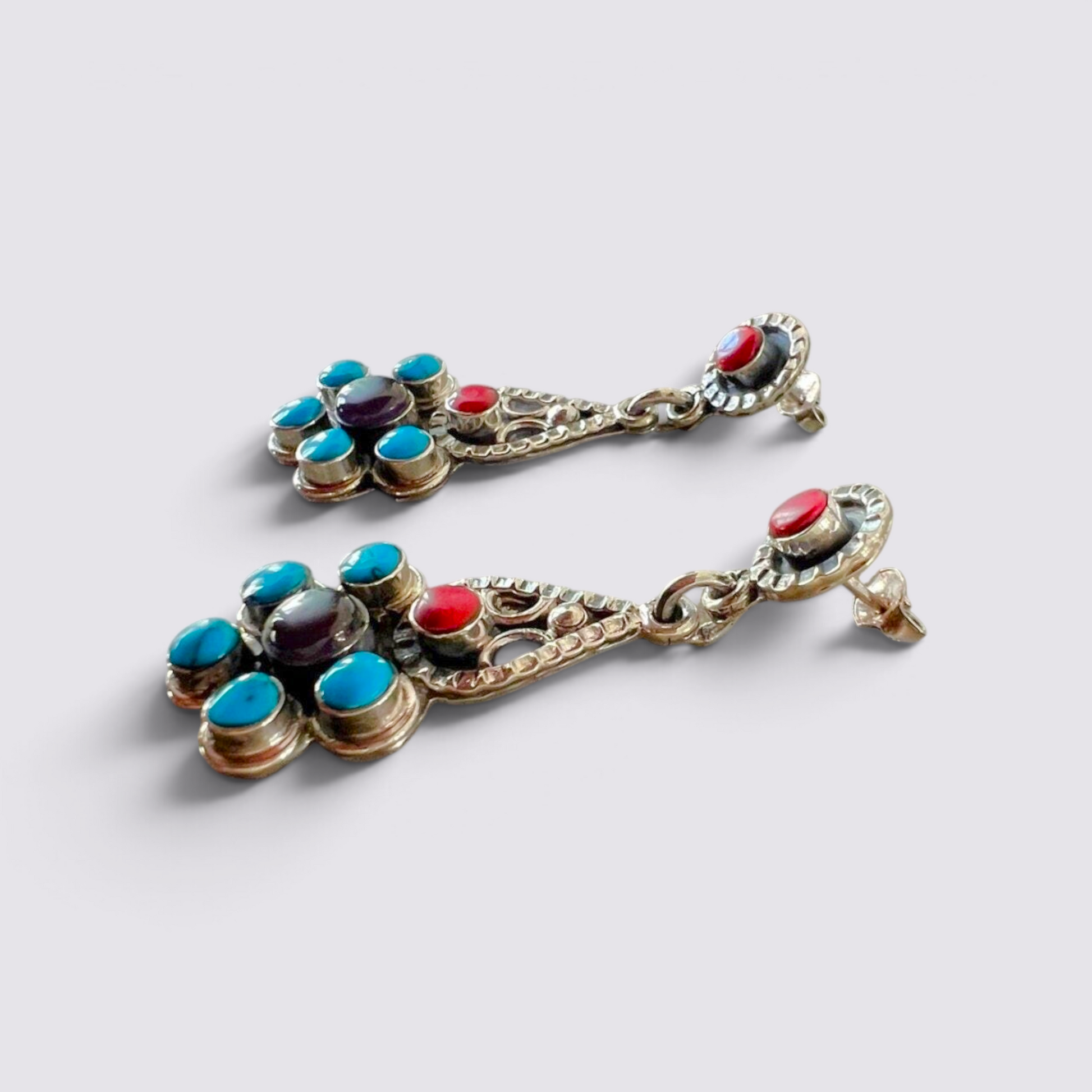 The Fashion Jewels sterling silver drop earrings with turquoise, red coral, and black stones in Byzantine style.