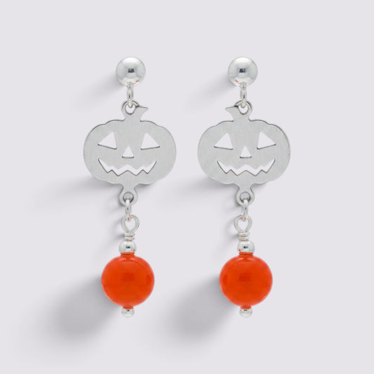 The Fashion Jewels sterling silver jack-o'-lantern dangle earrings with faceted orange beads for Halloween.