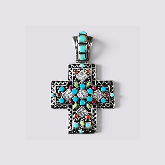 The Fashion Jewels sterling silver cross pendant featuring turquoise, zircon, and multicolor stones in oxidized silver.