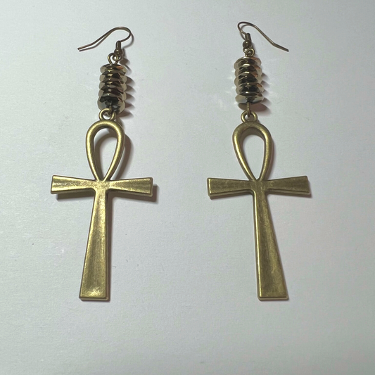 Golden hematite pyrite earrings with cross charm