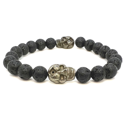 Beaded Bracelet for Men with Lava and Skull Pyrite