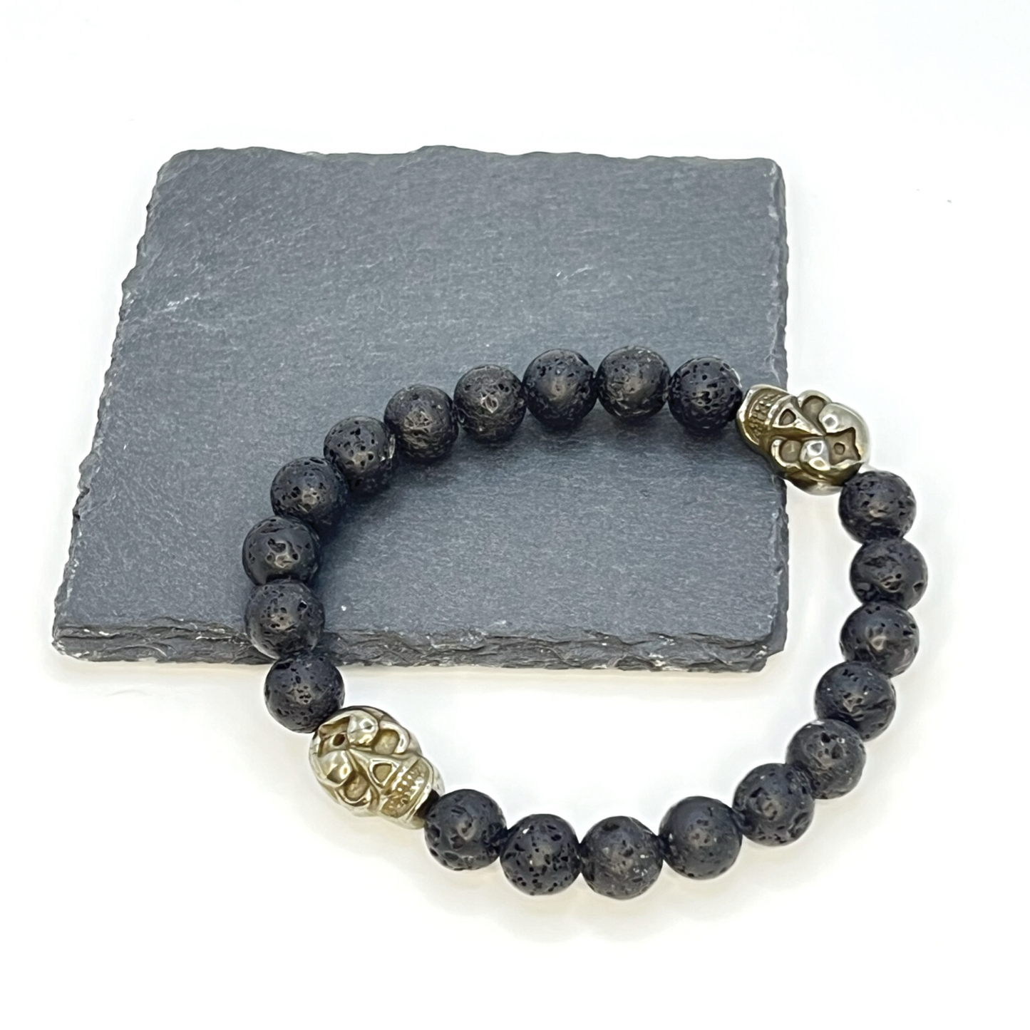 Beaded Bracelet for Men with Lava and Skull Pyrite