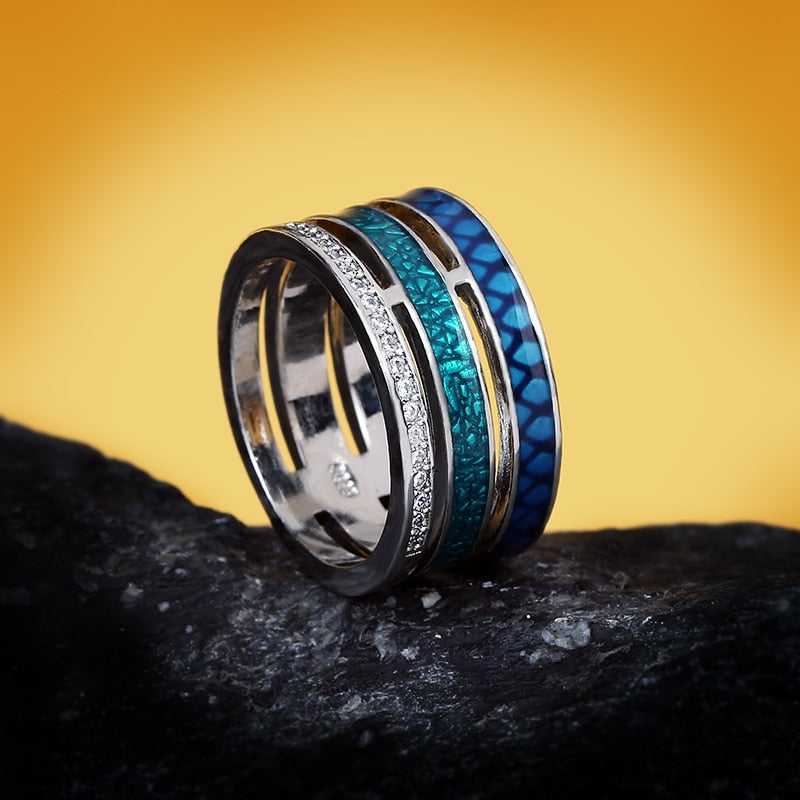 Three-layers Silver Ring Enameled in Blue and Green with Zirconia