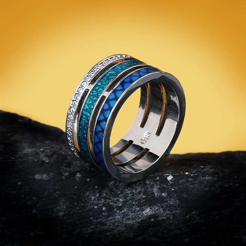 Three-layers Silver Ring Enameled in Blue and Green with Zirconia