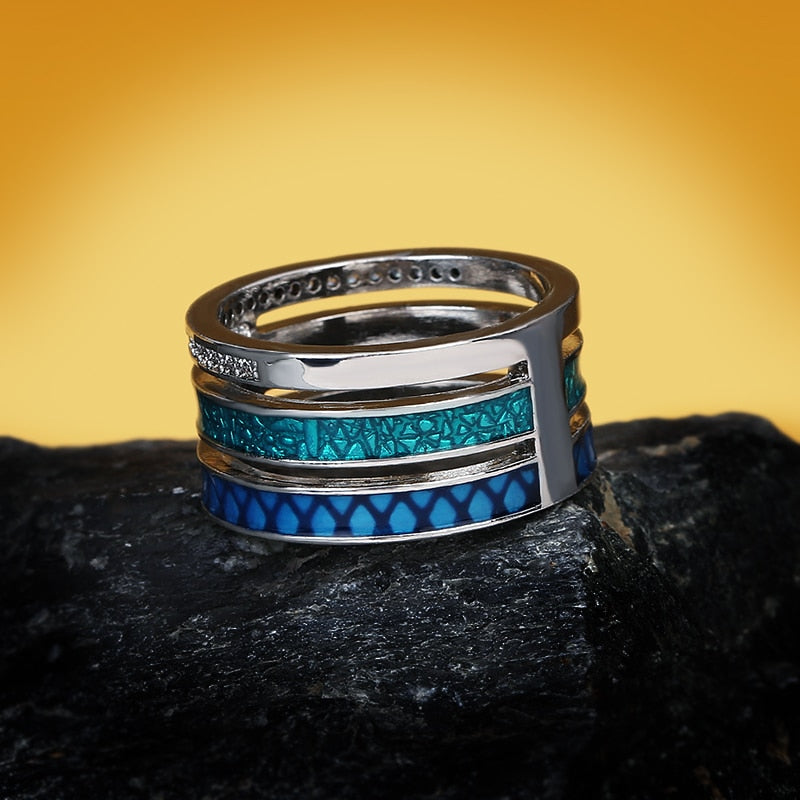 Three-layers Silver Ring Enameled in Blue and Green with Zirconia