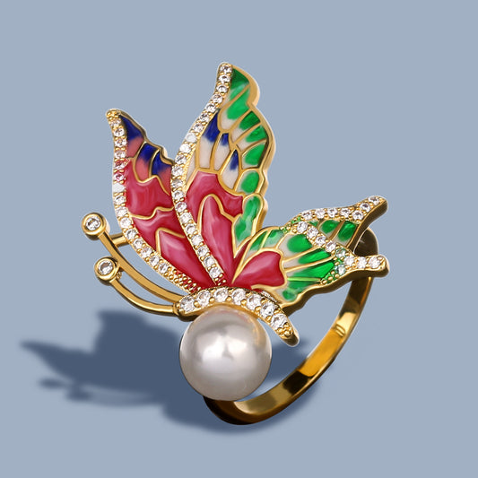 Silver Ring with Colorful Butterfly and Pearl