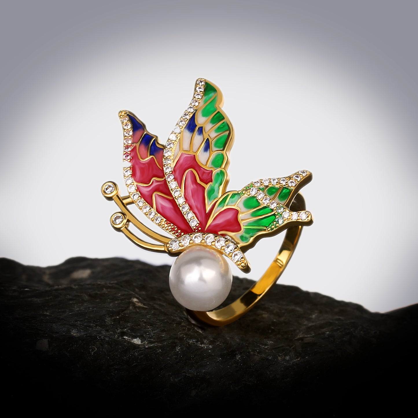 Silver Ring with Colorful Butterfly and Pearl