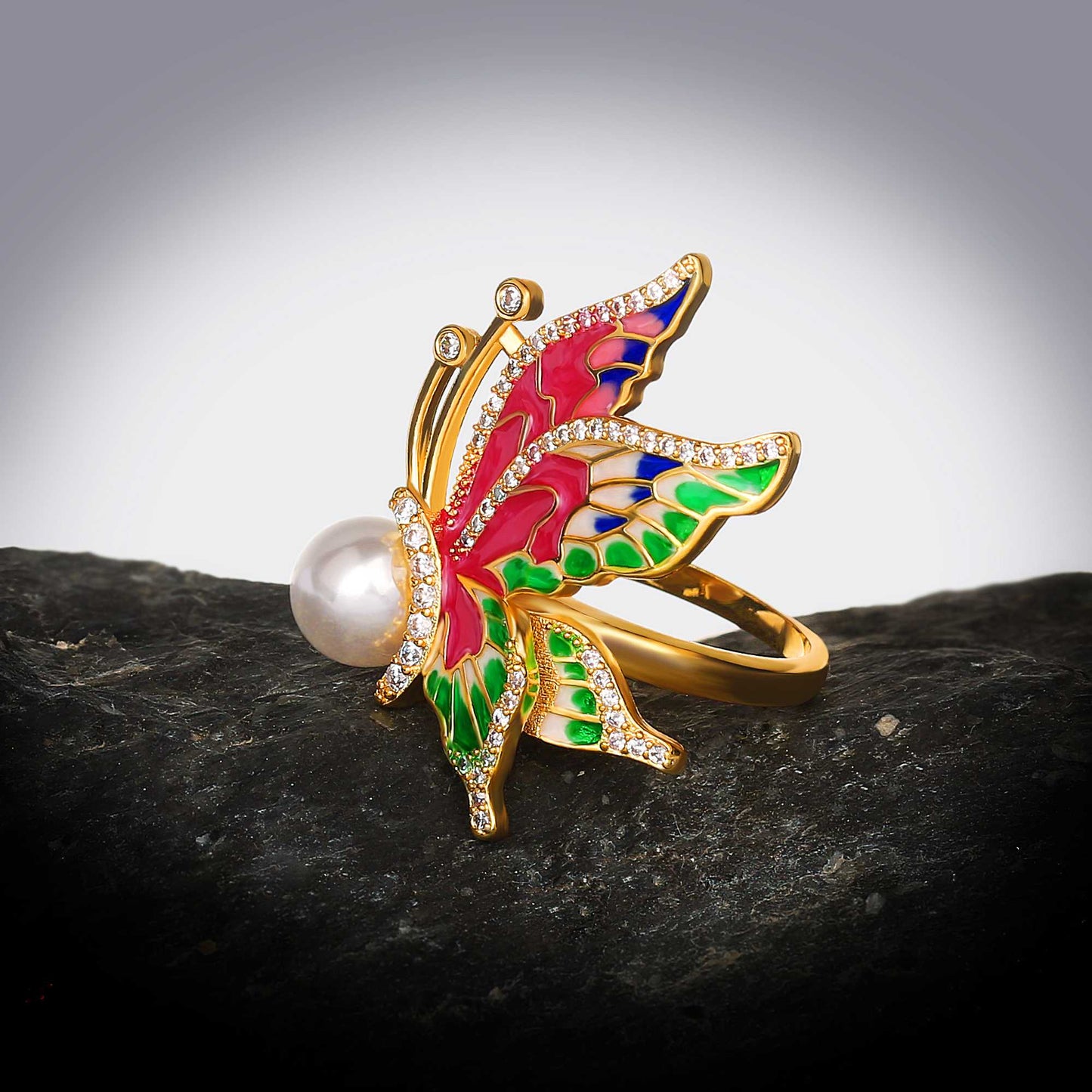 Silver Ring with Colorful Butterfly and Pearl