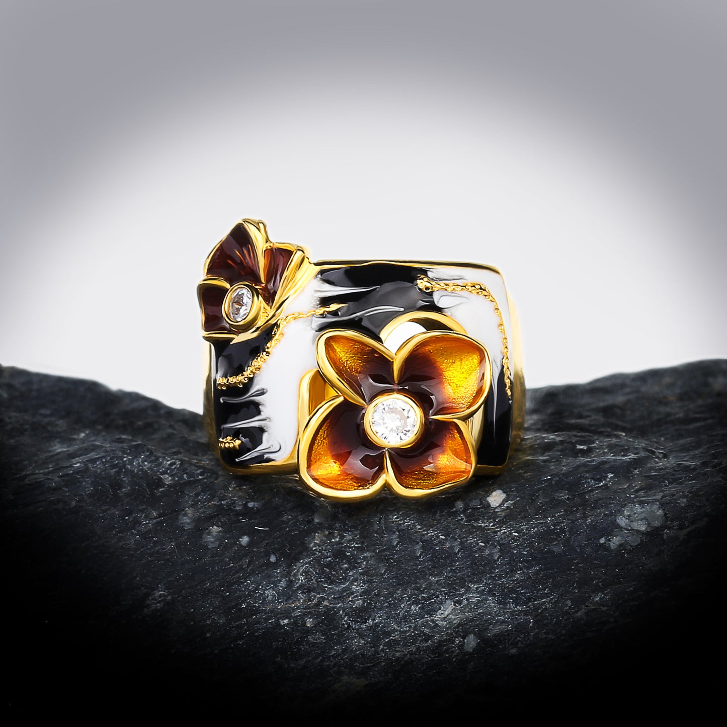 Gold Ring with Black and White Enamel