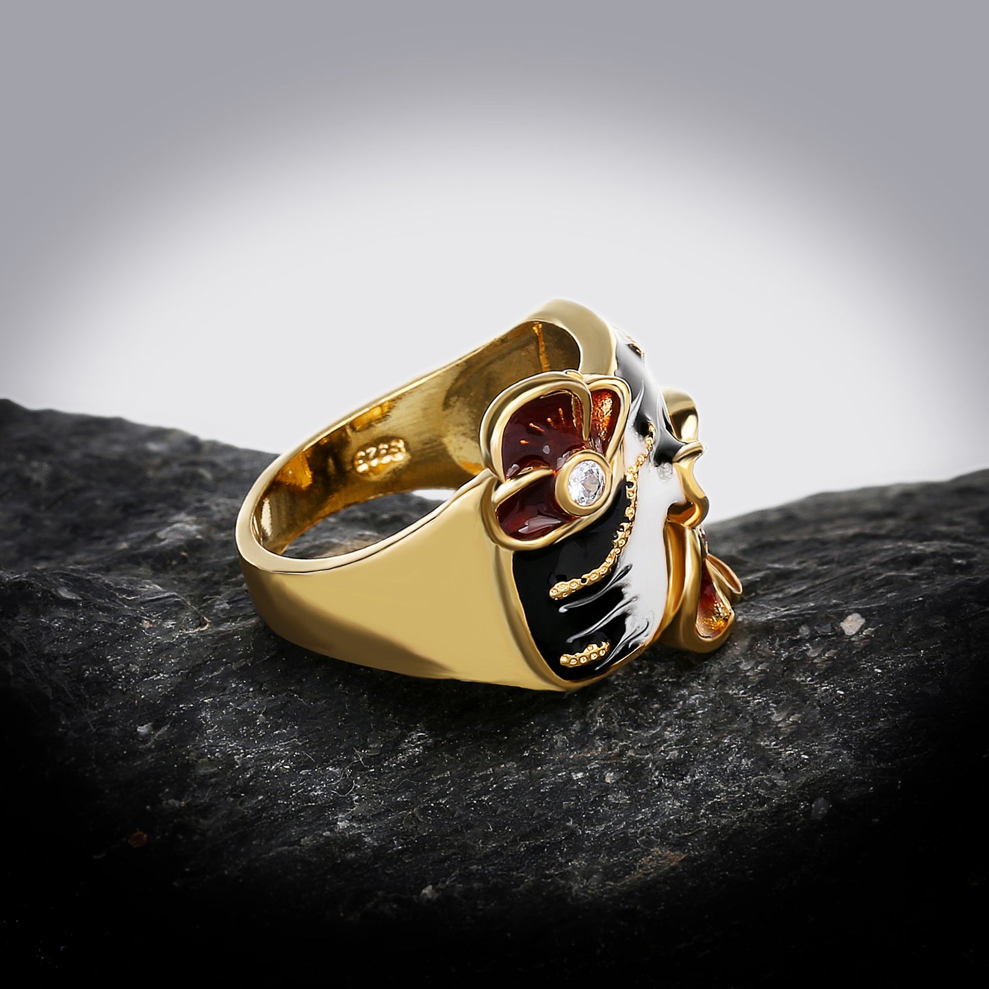 Gold Ring with Black and White Enamel