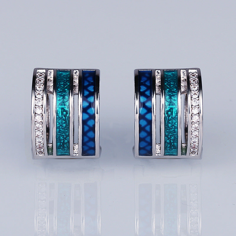 Three-layers Silver Earrings Enameled in Blue and Green with Zirconia