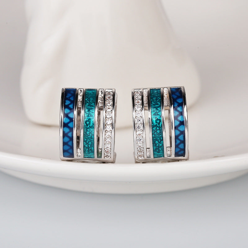 Three-layers Silver Earrings Enameled in Blue and Green with Zirconia