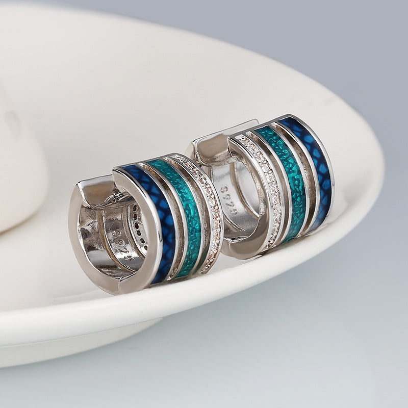 Three-layers Silver Earrings Enameled in Blue and Green with Zirconia