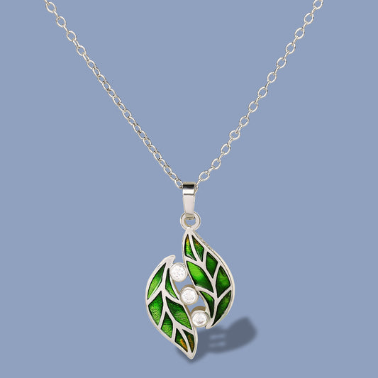 Sterling Silver Necklace with Green Leaf Shape Pendant