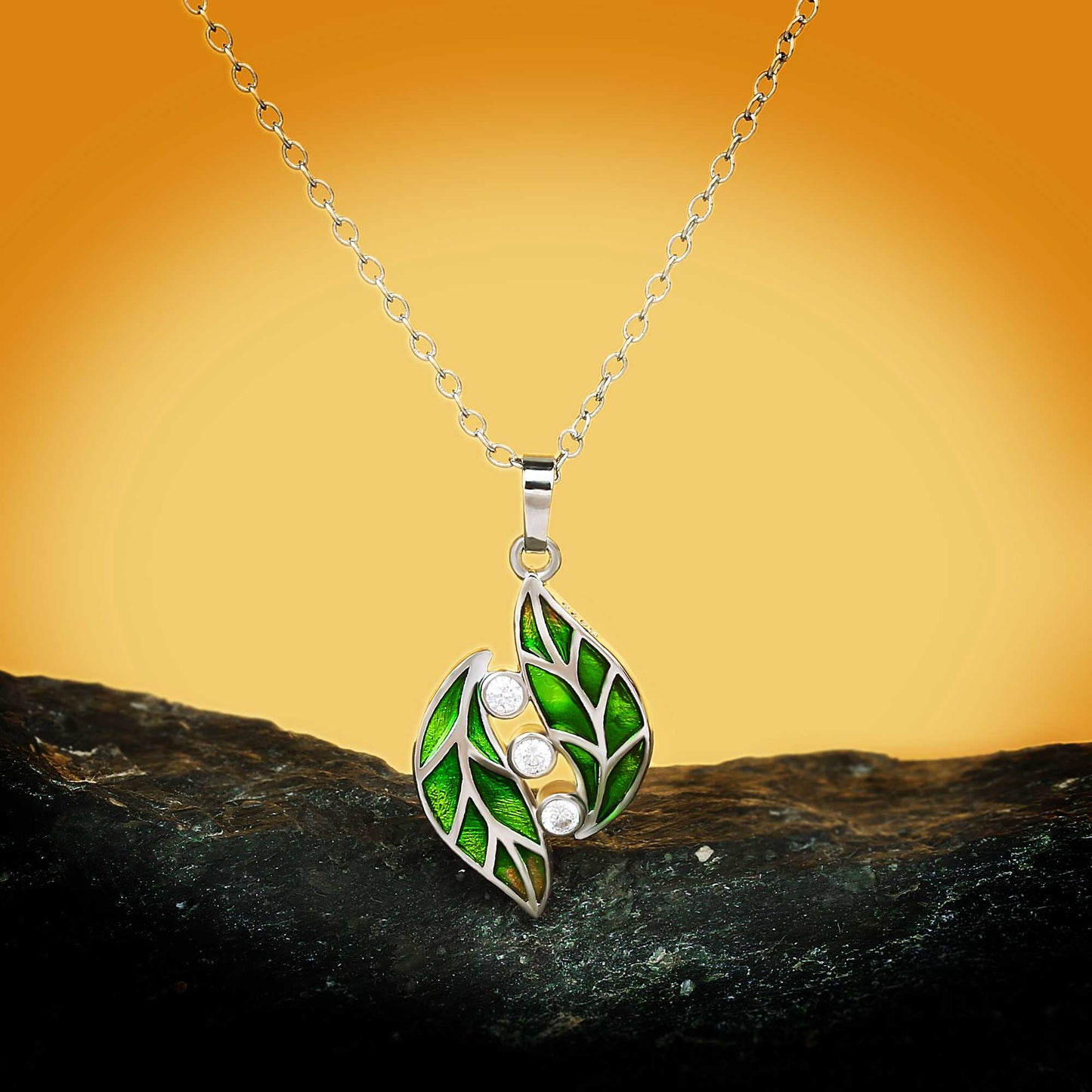 Sterling Silver Necklace with Green Leaf Shape Pendant