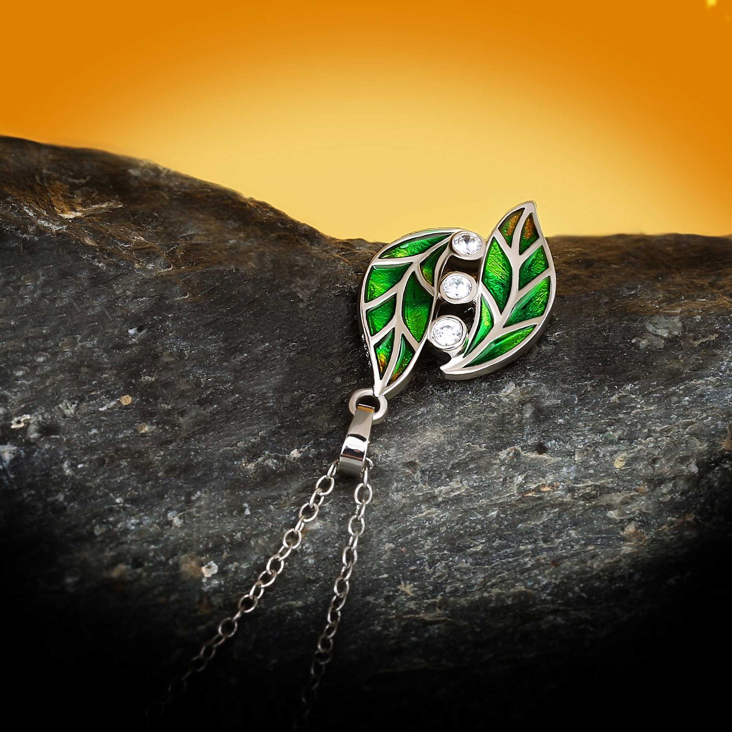 Sterling Silver Necklace with Green Leaf Shape Pendant