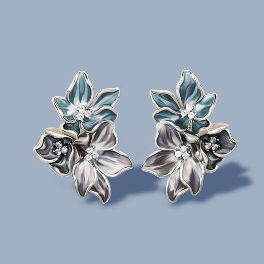 Silver Earrings with Enameled Flower Shape