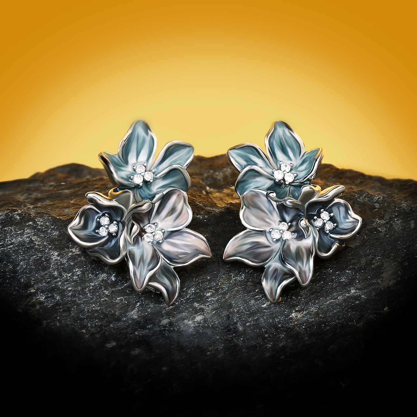 Silver Earrings with Enameled Flower Shape