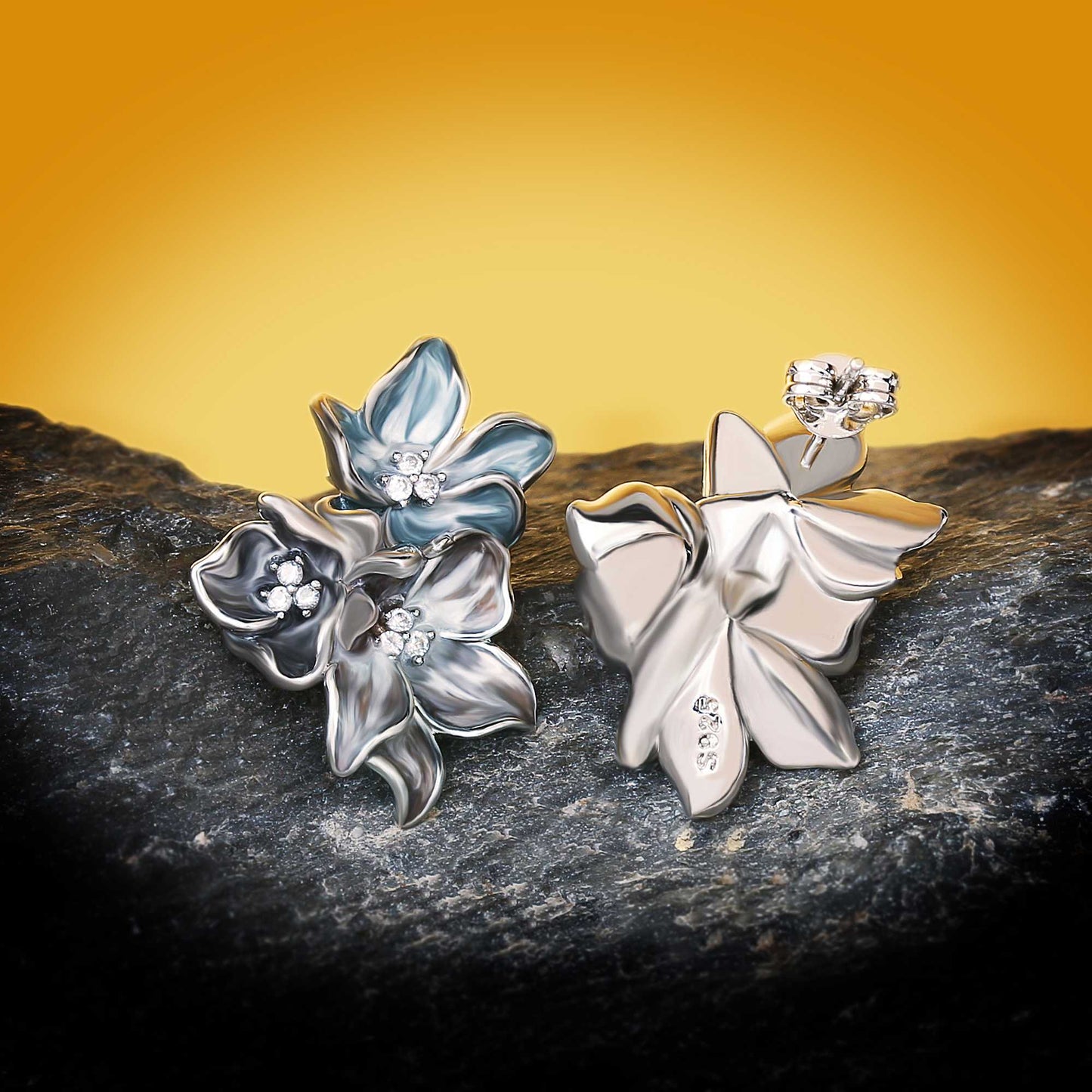 Silver Earrings with Enameled Flower Shape