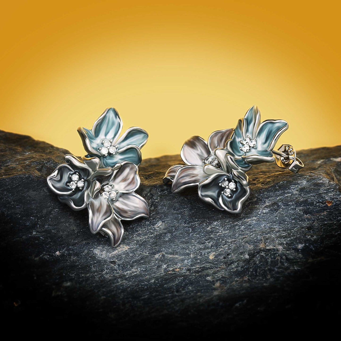 Silver Earrings with Enameled Flower Shape