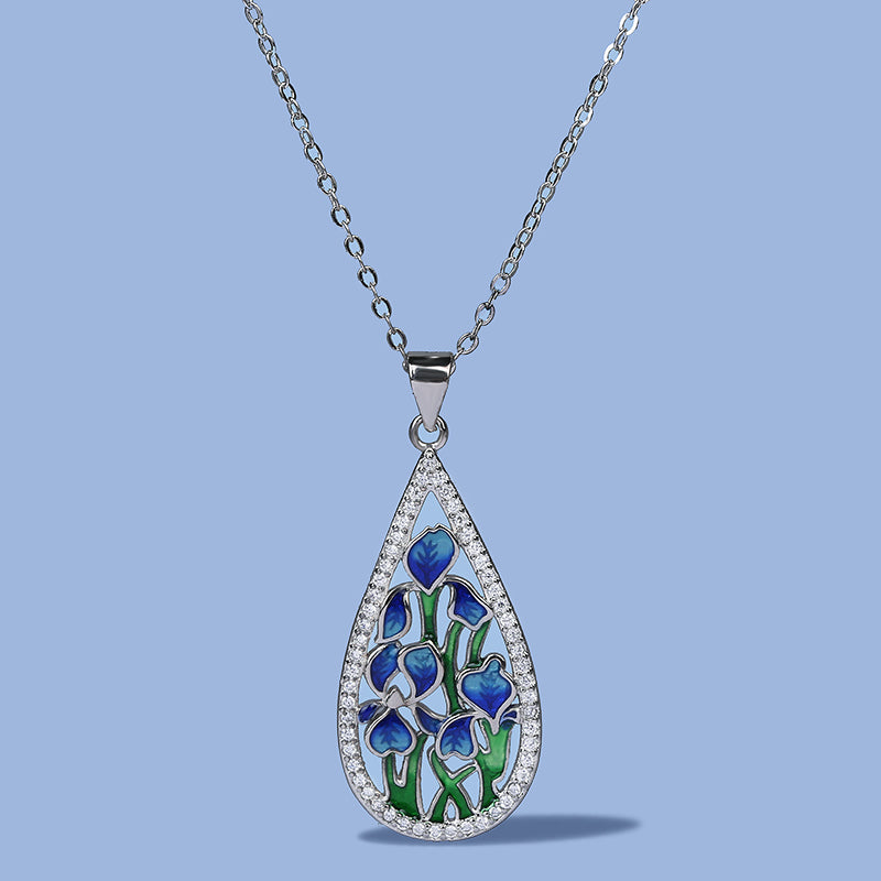 Sterling Silver Necklace with Enameled Blue Flowers Pendant