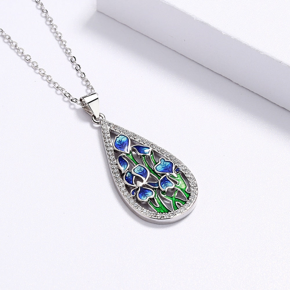 Sterling Silver Necklace with Enameled Blue Flowers Pendant