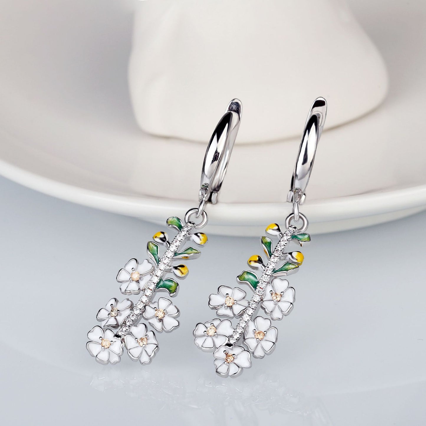 Sterling Silver White Flower Tassel Earrings