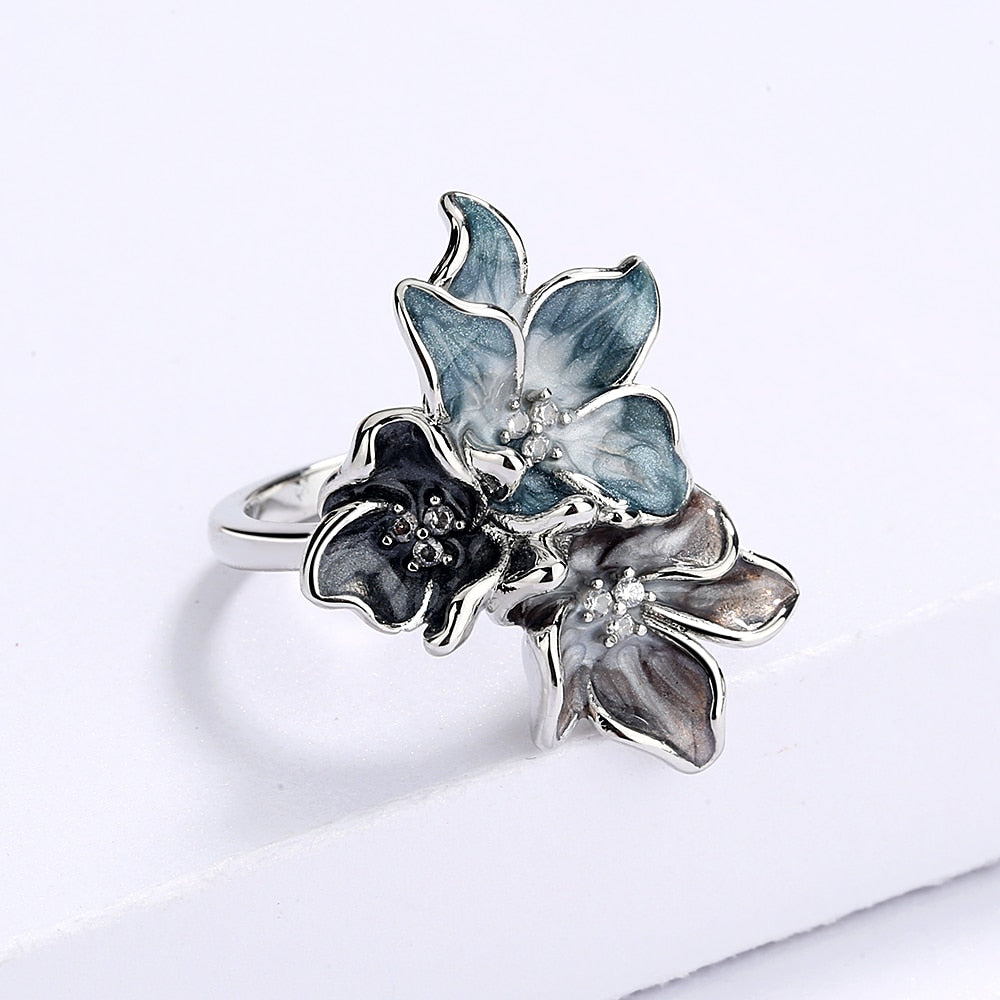 Silver Ring with Enameled Flower Shape