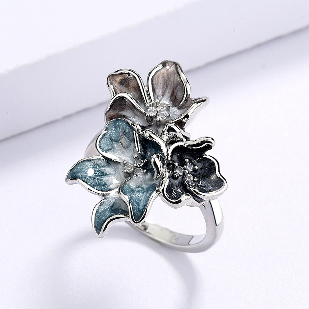 Silver Ring with Enameled Flower Shape