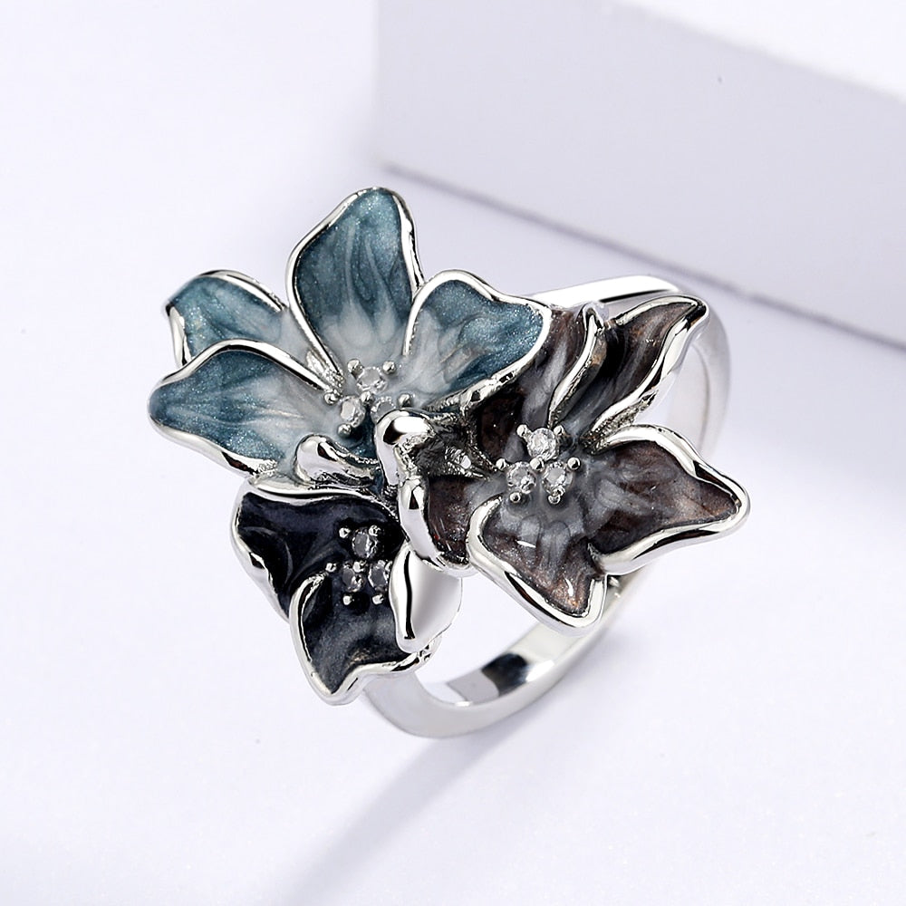 Silver Ring with Enameled Flower Shape